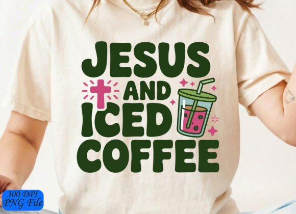 Jesus and Iced Coffee, Distressed PNG — T-Shirt Designs