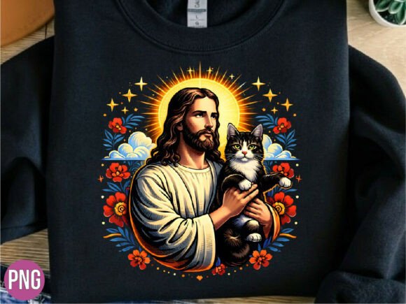 Jesus Holding Cat Religious Art PNG for T-Shirt Designs